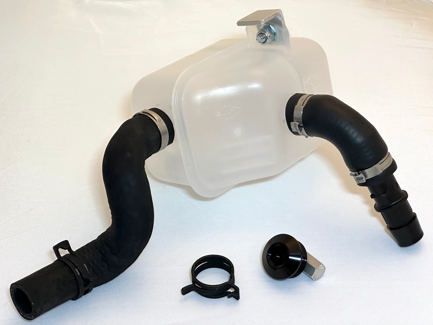 Reservoir, Block-Off Plug & Tool, & spare Hose Clamp. ATS-V Kit shown (with Bracket. CTS V-Sport Kits do not have a bracket).